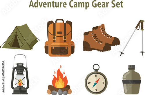 Collection of camping and adventure gear, including tent, backpack, boots, lantern, compass, and firewood