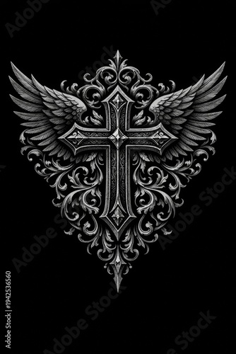 Highly detailed winged cross illustration with elaborate scrollwork and gothic flourishes set against black, ideal for faith apparel, tattoo art, or inspirational designs.