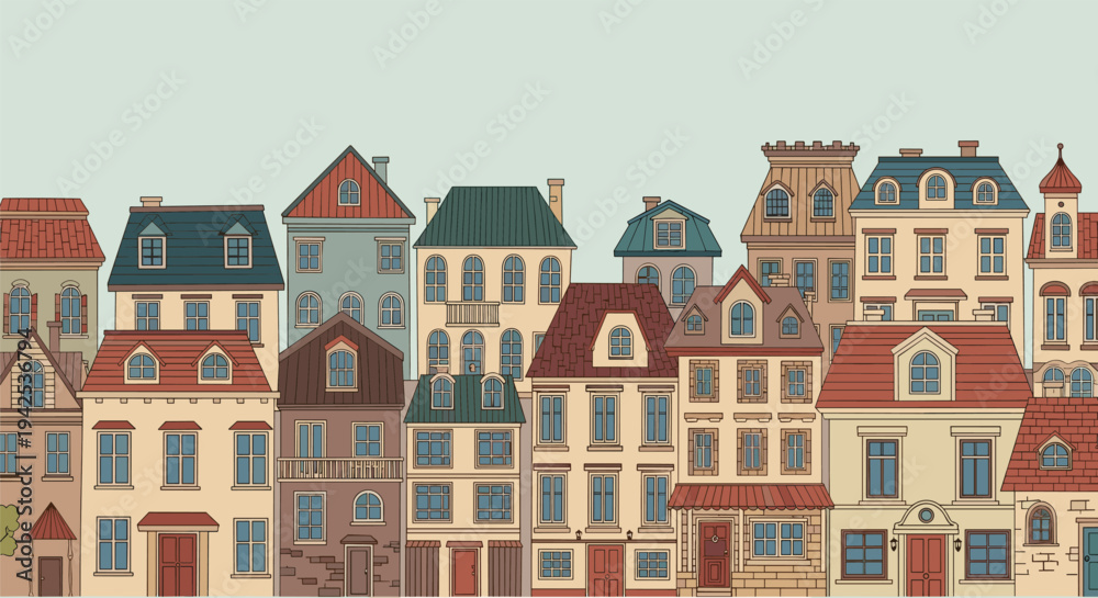 Fototapeta premium Panoramic view of colorful historic european houses standing in a row with various architectural styles and beautiful facades.