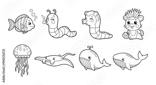 Charming cartoon illustration of various sea creatures and a playful seal