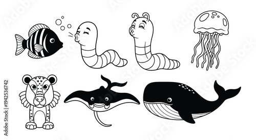 Charming cartoon illustration of various sea creatures and a playful seal