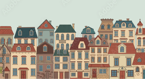 Panoramic view of colorful historic european houses standing in a row with various architectural styles and beautiful facades.