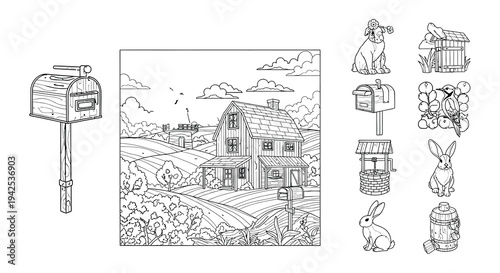 Detailed line art illustration of a farmhouse mailbox and rural elements