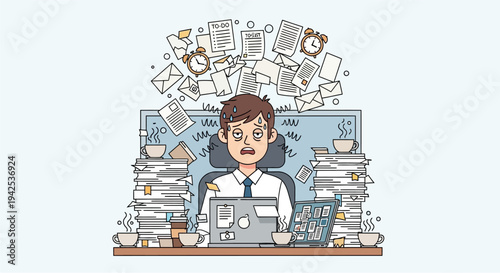 Overwhelmed Man Working on Laptop at Desk.