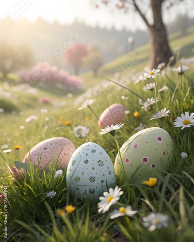 Colorful decorated easter eggs resting among fresh spring grass with tiny white daisies