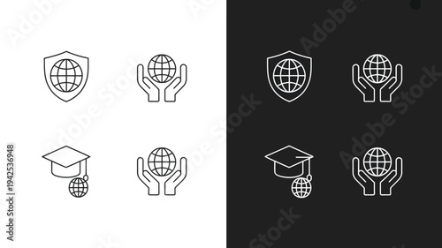 Modern line icons set with globe hands and graduation cap education concept