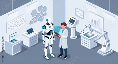 Robot Assisted by Scientist in Laboratory Setting.