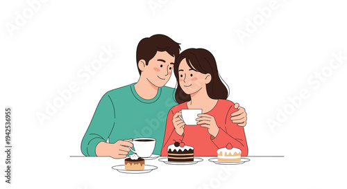 Happy couple sitting together at a cafe enjoying coffee and delicious cakes in a warm and romantic atmosphere of a date.