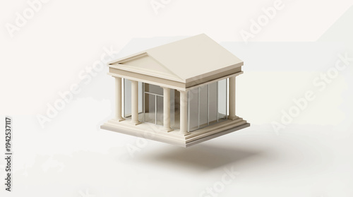 Modern minimalist 3D render of a classical building, symbolizing finance, law, and institutional stability, presented with clean lines and a pristine floating design