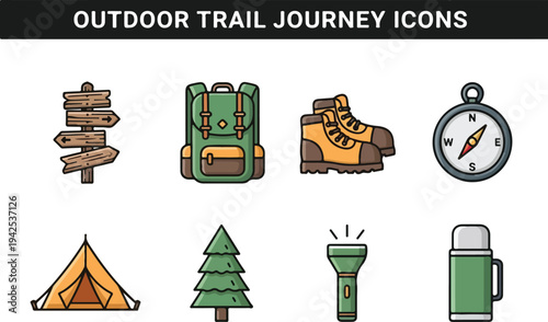 Collection of vector icons representing outdoor adventures and travel essentials