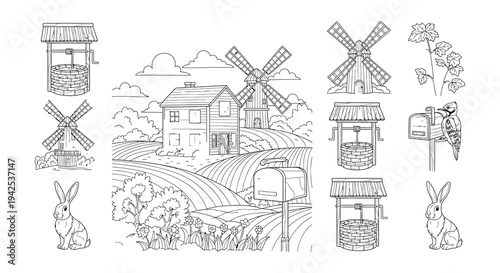 Detailed line art illustration of a farmhouse mailbox and rural elements