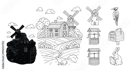 Detailed line art illustration of a farmhouse mailbox and rural elements