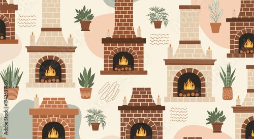Cozy home interior seamless pattern with various brick fireplaces, candles, and potted houseplants on a warm beige background.