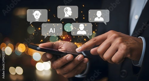 Ai powered mobile communication concept using smartphone artificial intelligence chat bots