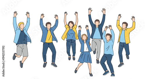 Large group of diverse young people jumping together with their arms raised in excitement celebrating success or freedom.