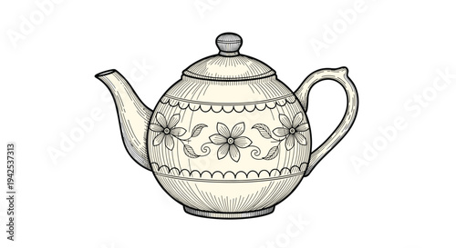 Detailed line drawing of a ceramic teapot decorated with beautiful flower patterns for traditional tea ceremonies and home decor.
