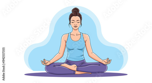 Beautiful young woman practicing yoga in a lotus meditation pose against a serene blue abstract background for wellness.