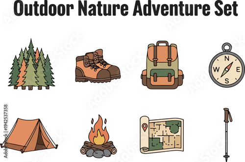 Outdoor Adventure Set Illustrations of Nature Exploration Gear and Camping Equipment