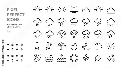 Pixel perfect weather icons set including sun cloud rain snow storm wind and climate symbols