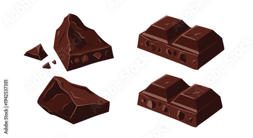 Selection of high-quality dark chocolate pieces and bars showing rich texture and appetizing brown tones for food industry.