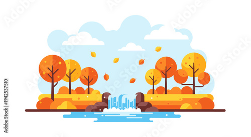 Autumn Landscape with Waterfall, Falling Leaves, and Trees in Flat Design