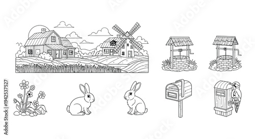 Detailed line art illustration of a farmhouse mailbox and rural elements