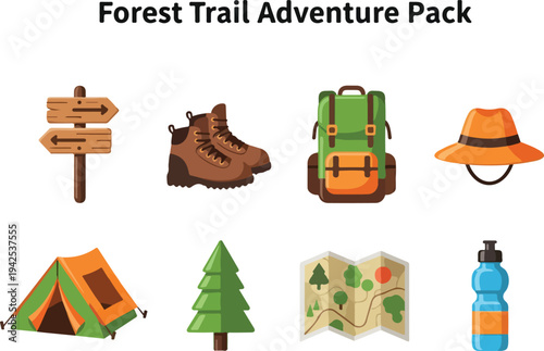 Collection of outdoor adventure and camping equipment for forest trail exploration