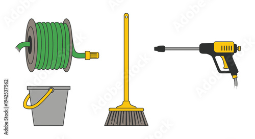 Cleaning Tools: Hose Reel, Bucket, Broom, and Pressure Washer