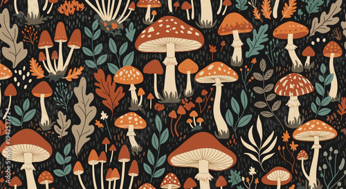 Rich autumn seamless pattern with various mushrooms, fallen leaves, and berries on a dark textured background for seasonal decor.