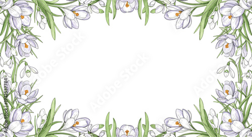 Elegant floral border frame made of delicate spring crocus and snowdrop flowers on a white background for greeting card and wedding designs.