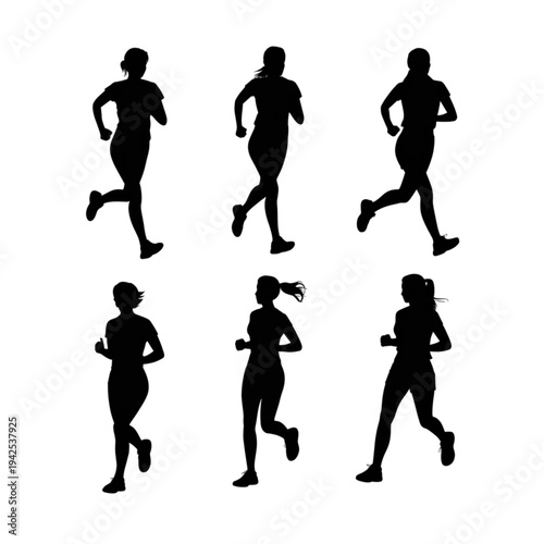 Set of six women running silhouettes in various jogging and sprinting poses for marathon sports vector