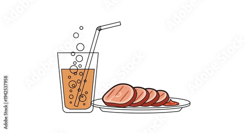 Delicious grilled meat slices with refreshing drink