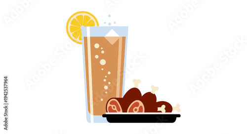 Refreshing glass of iced tea with lemon and plate of roasted chicken