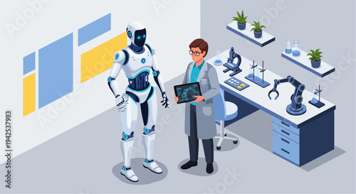 Scientist and Robot in Laboratory Setting.