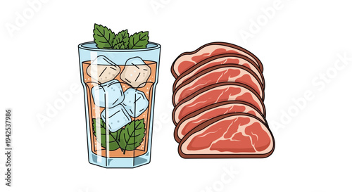 Refreshing summer drink with mint and slices of juicy meat