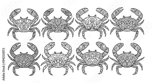 Intricate designs of eight crabs arranged in a grid pattern