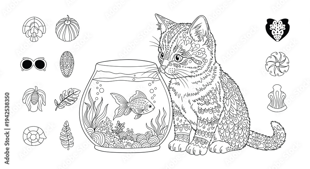 Fototapeta premium Intricate drawing of a cat curiously interacting with a fish tank
