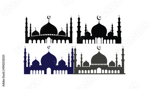 Islamic mosque silhouette set with domes and crescent symbols isolated on background