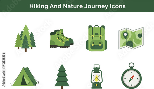 Vibrant collection of hiking and nature journey icons including tents, trees, boots, backpacks, and compasses