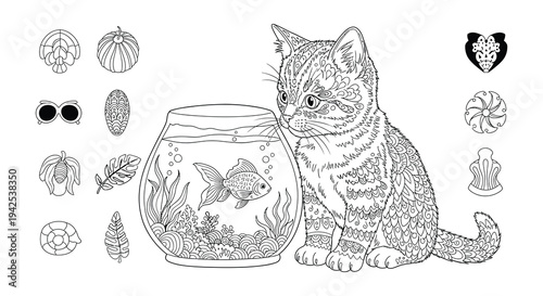 Intricate drawing of a cat curiously interacting with a fish tank