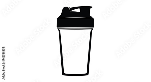 Black and white silhouette of a protein shaker bottle on white background