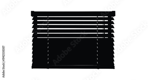 Black silhouette of window blinds against a stark white background