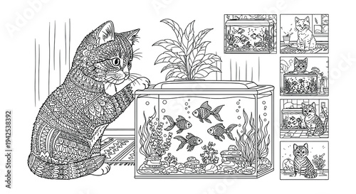 Intricate drawing of a cat curiously interacting with a fish tank