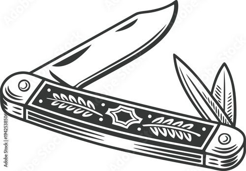 Vintage Pocket Knife Open Blade Antique Folding Knife Mechanical Detail Engraving Style Line Art Illustration