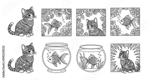 Intricate drawing of a cat curiously interacting with a fish tank