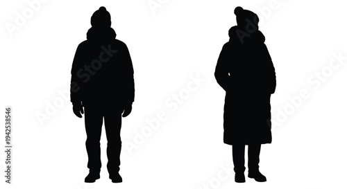 Silhouettes of two people wearing winter coats and hats against white