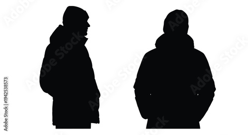 Silhouettes of two people wearing winter clothing facing opposite directions