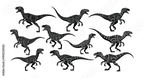 A collection of stylized velociraptor dinosaurs in black and white