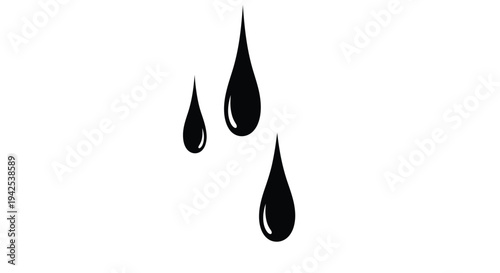 Black water droplets suspended against a stark white background