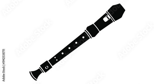 A black silhouette of a wooden recorder musical instrument on white